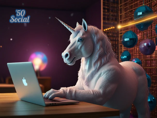 unicorn writing at a laptop